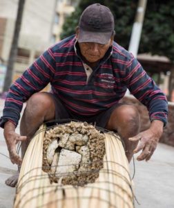 Peruvian man building Totora reed raft bundle